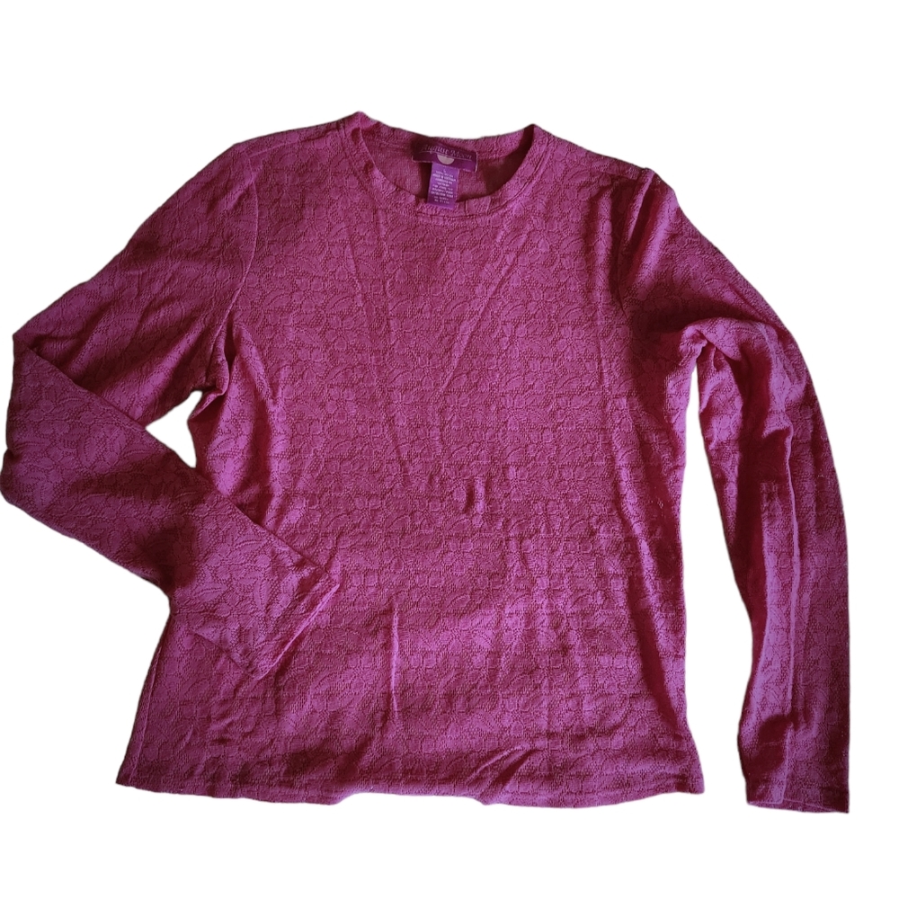 August Moon sheer, stretchy, long sleeve, pink top w/ floral pattern. L